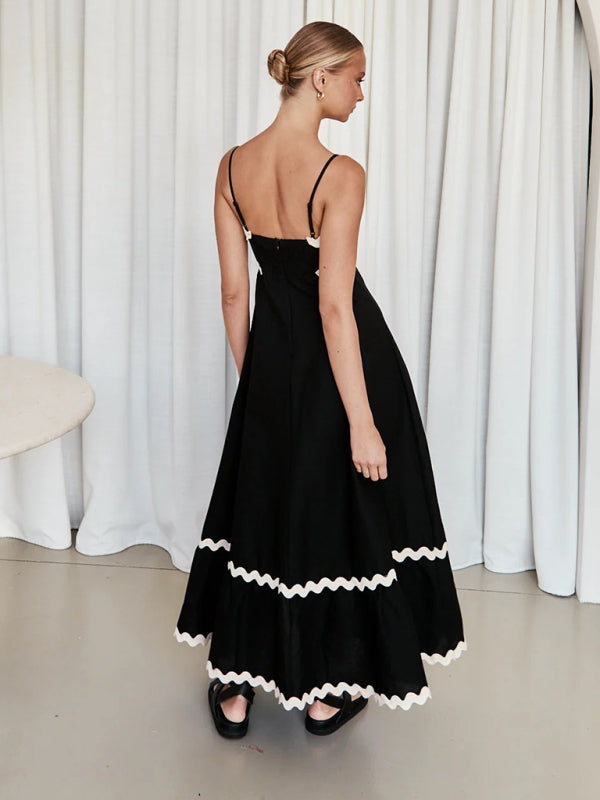 Capri - Vestido largo con ribete ondulado para mujer, tirantes finos y silueta en forma de A