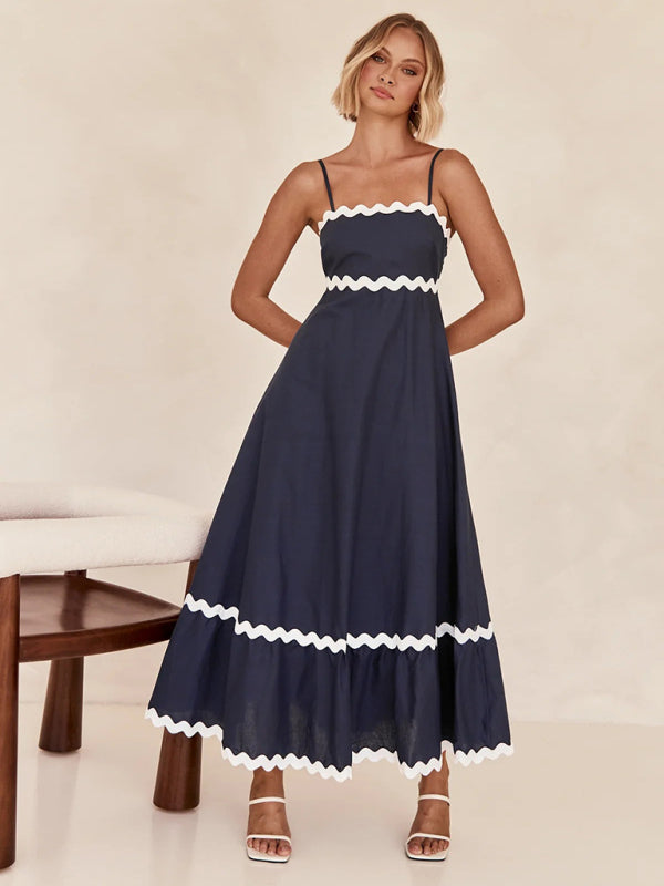 Capri - Vestido largo con ribete ondulado para mujer, tirantes finos y silueta en forma de A