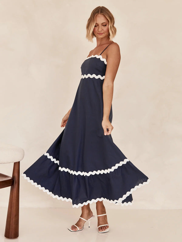Capri - Vestido largo con ribete ondulado para mujer, tirantes finos y silueta en forma de A