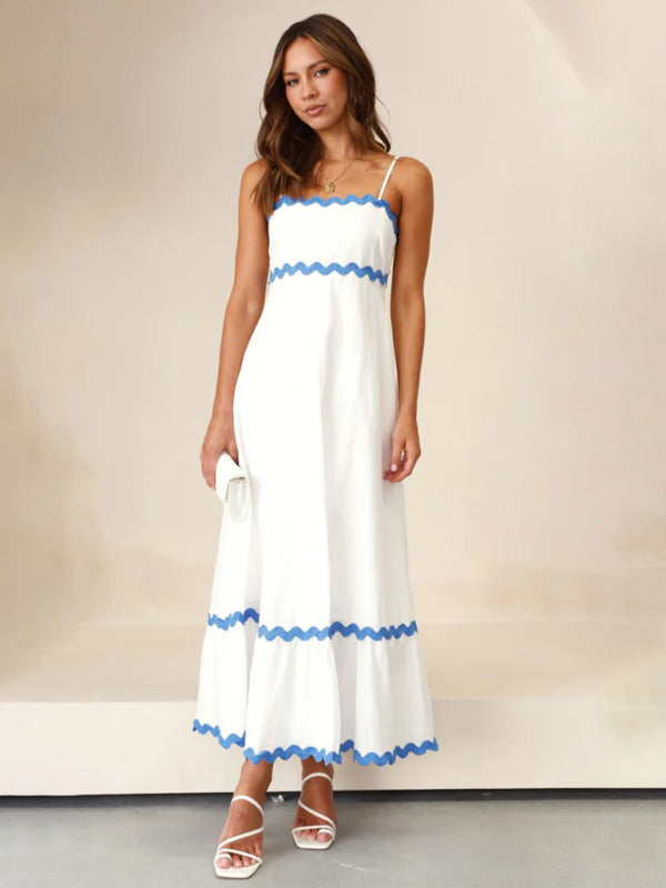 Capri - Vestido largo con ribete ondulado para mujer, tirantes finos y silueta en forma de A