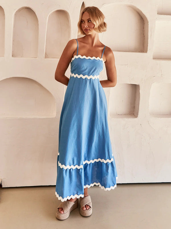 Capri - Vestido largo con ribete ondulado para mujer, tirantes finos y silueta en forma de A
