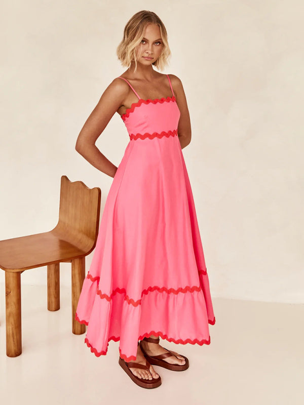 Capri - Vestido largo con ribete ondulado para mujer, tirantes finos y silueta en forma de A