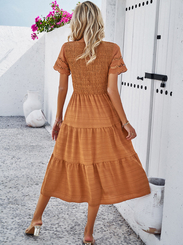 Alia - Women's Smocked Bodice Midi Dress with Hollow-Out Lace Sleeves