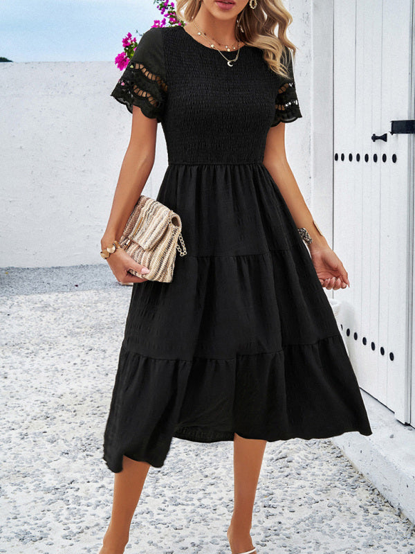 Alia - Women's Smocked Bodice Midi Dress with Hollow-Out Lace Sleeves