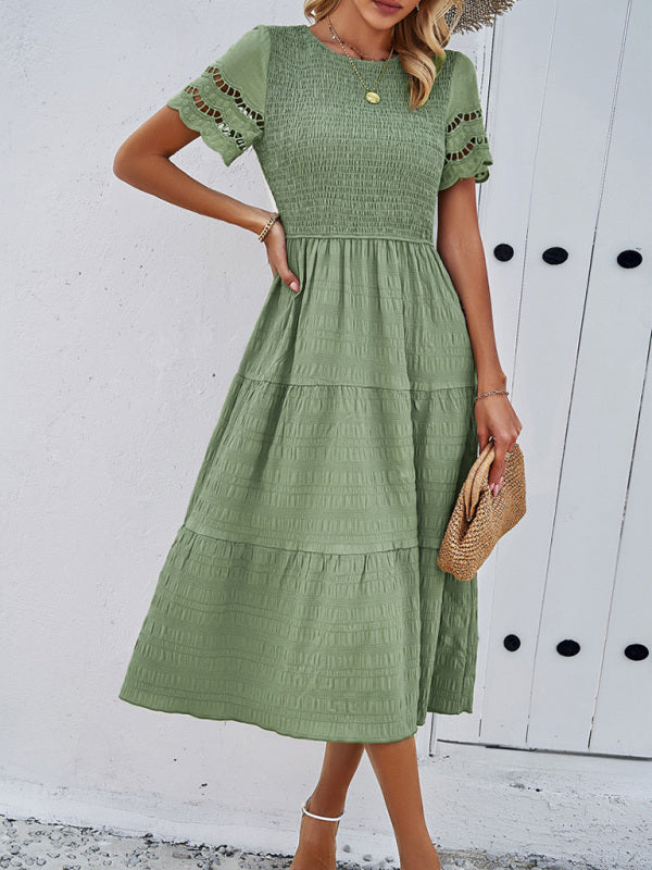 Alia - Women's Smocked Bodice Midi Dress with Hollow-Out Lace Sleeves
