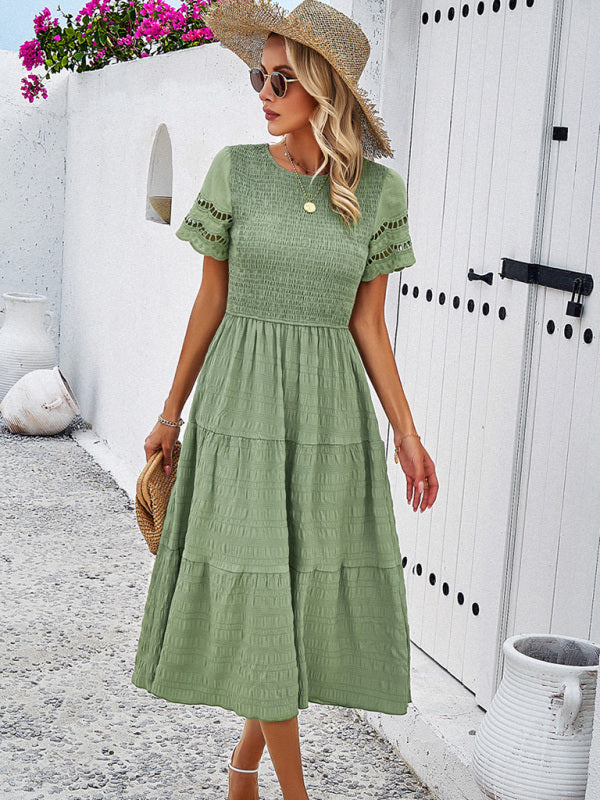 Alia - Women's Smocked Bodice Midi Dress with Hollow-Out Lace Sleeves