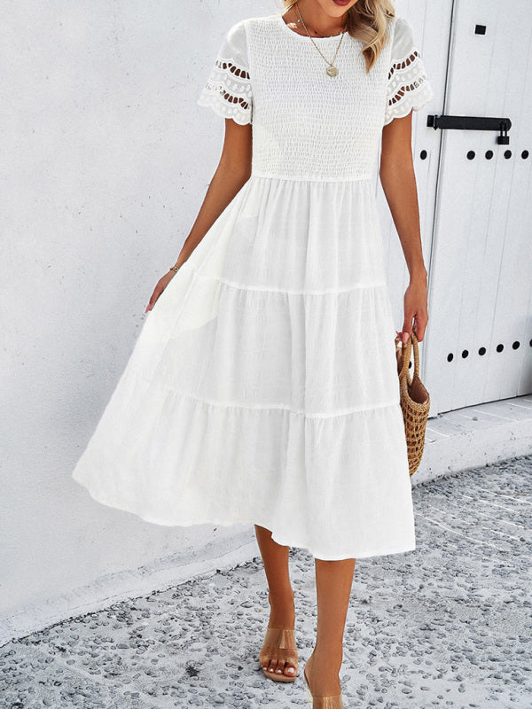 Alia - Women's Smocked Bodice Midi Dress with Hollow-Out Lace Sleeves