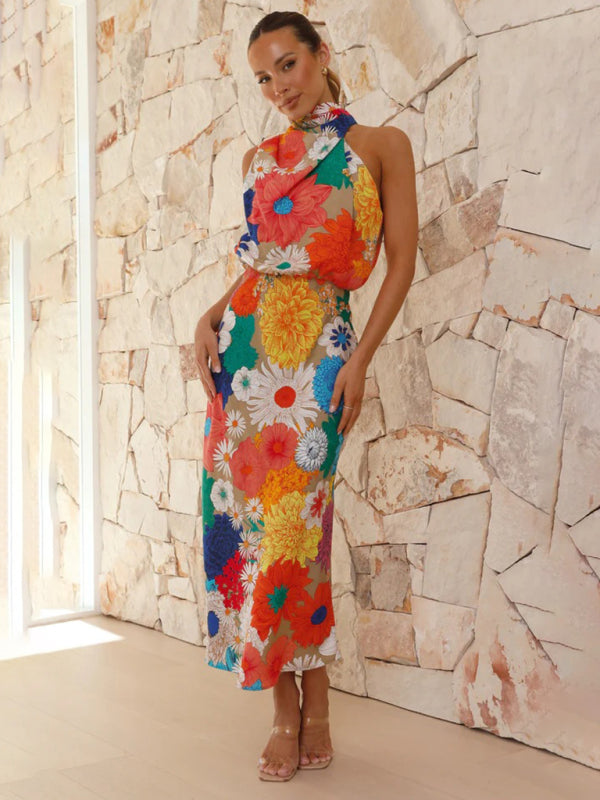 Lyric - Women's Floral Print Halter Neck Midi Dress with Fitted Waist
