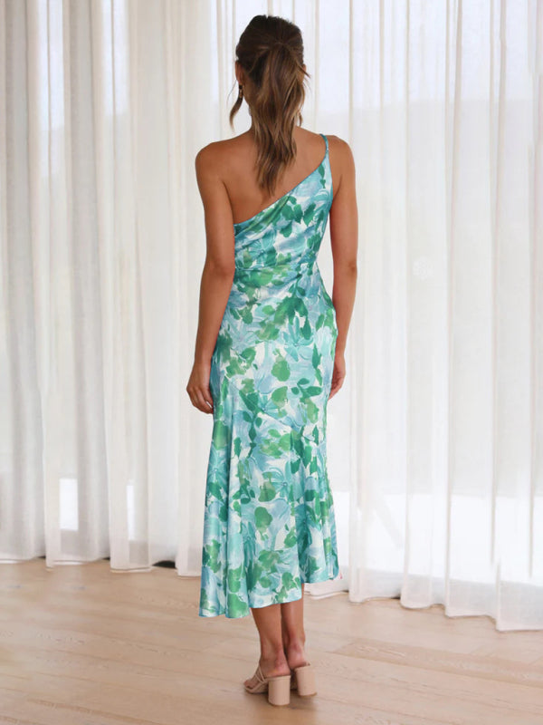 Paige - Women's Asymmetrical Neckline Floral Print Midi Dress with Fishtail Hem