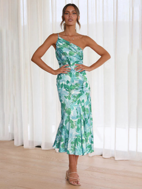 Paige - Women's Asymmetrical Neckline Floral Print Midi Dress with Fishtail Hem