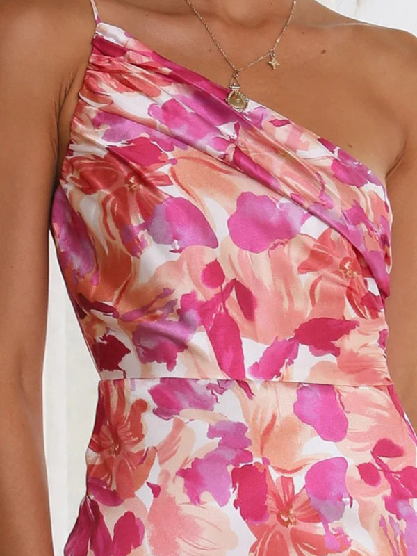 Paige - Women's Asymmetrical Neckline Floral Print Midi Dress with Fishtail Hem