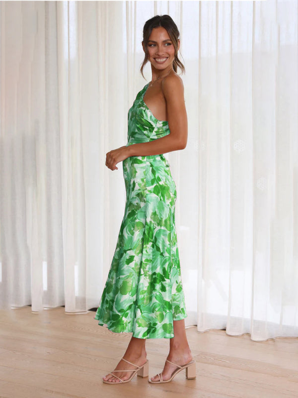 Paige - Women's Asymmetrical Neckline Floral Print Midi Dress with Fishtail Hem