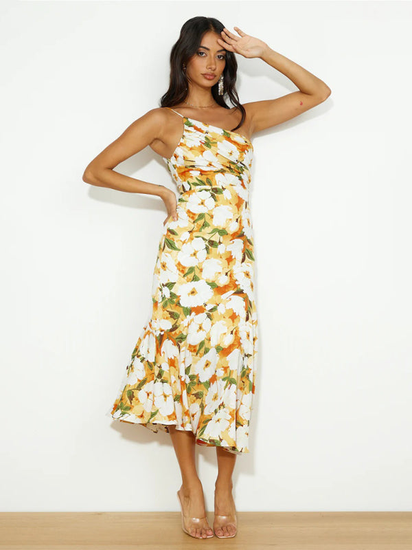 Paige - Women's Asymmetrical Neckline Floral Print Midi Dress with Fishtail Hem