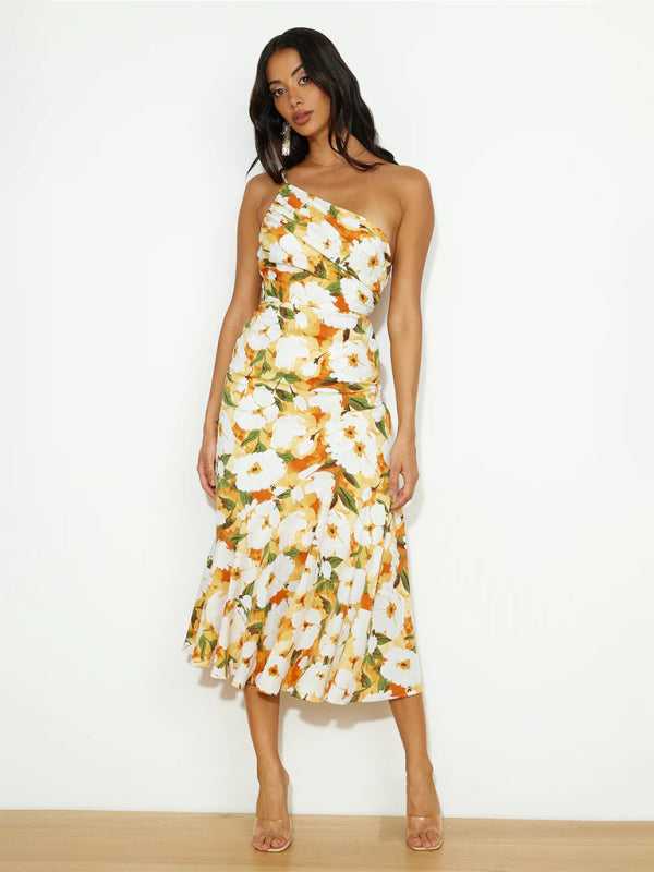 Paige - Women's Asymmetrical Neckline Floral Print Midi Dress with Fishtail Hem