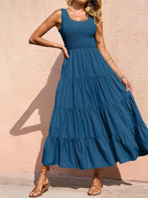 Regina - Women's Smocked Bodice Maxi Dress with Tiered Pleated A-line Skirt