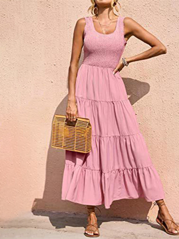 Regina - Women's Smocked Bodice Maxi Dress with Tiered Pleated A-line Skirt