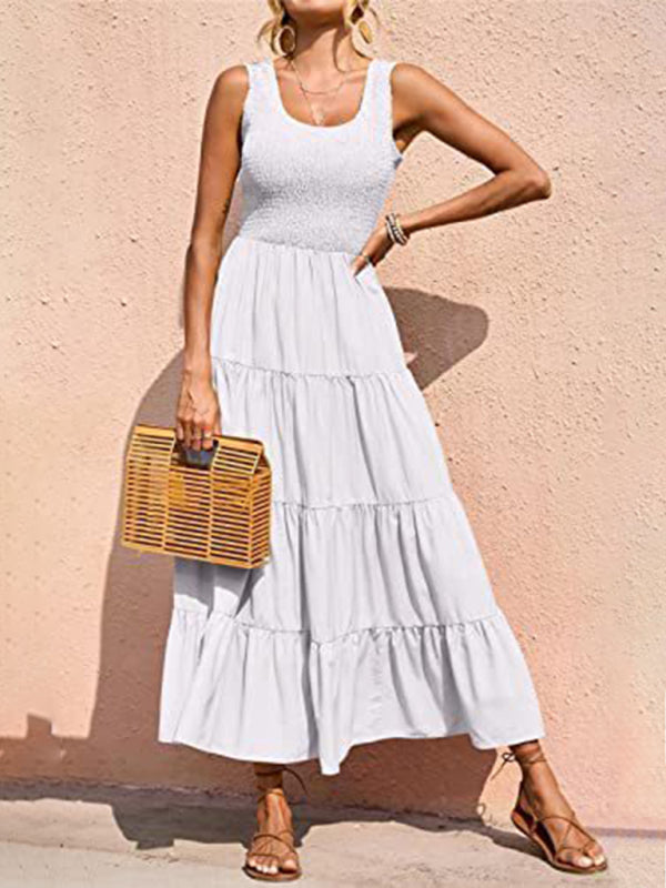 Regina - Women's Smocked Bodice Maxi Dress with Tiered Pleated A-line Skirt