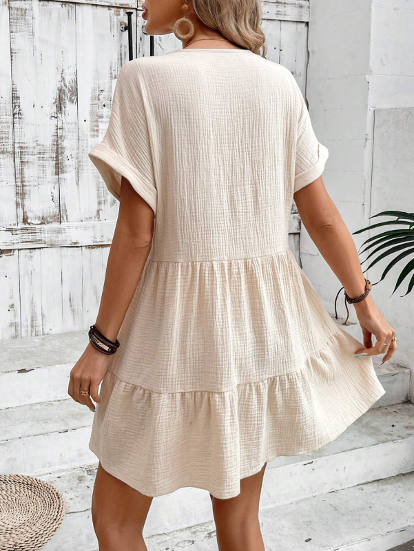 Nadia - Women's V-neck Mini Dress with Pleated Design and Textured Fabric