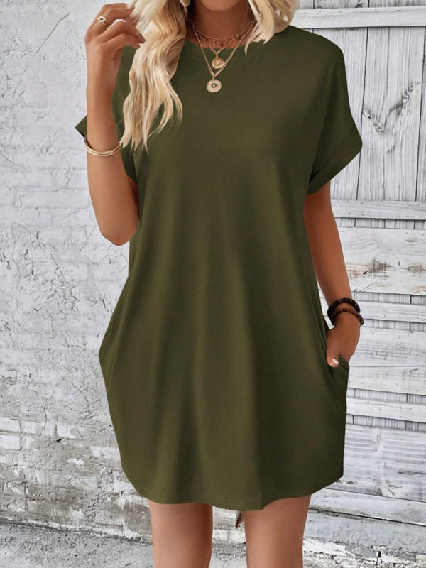 Aspen - Women's Loose Fit Pocket Dress with Round Neck and Short Sleeves