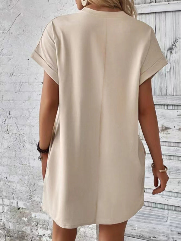 Aspen - Women's Loose Fit Pocket Dress with Round Neck and Short Sleeves