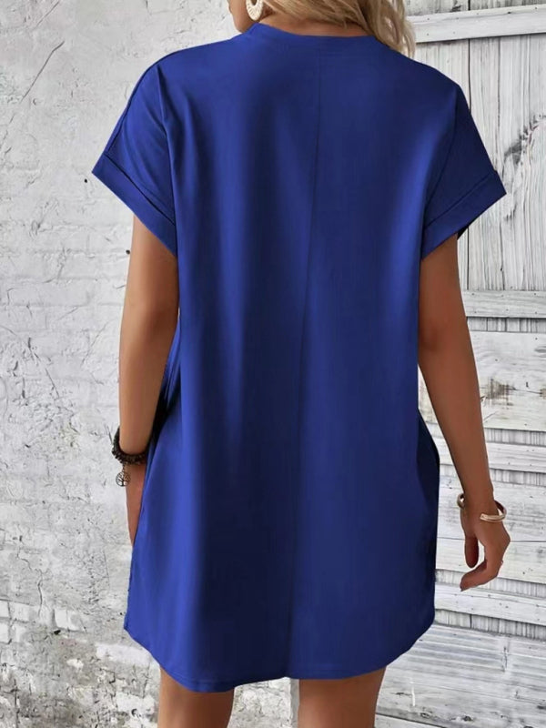 Aspen - Women's Loose Fit Pocket Dress with Round Neck and Short Sleeves