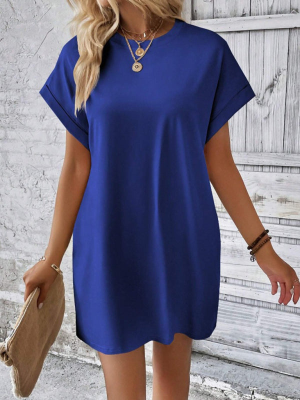 Aspen - Women's Loose Fit Pocket Dress with Round Neck and Short Sleeves