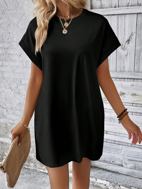 Aspen - Women's Loose Fit Pocket Dress with Round Neck and Short Sleeves