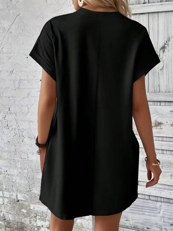 Aspen - Women's Loose Fit Pocket Dress with Round Neck and Short Sleeves