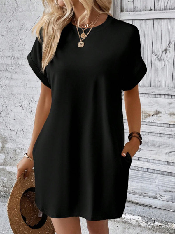 Aspen - Women's Loose Fit Pocket Dress with Round Neck and Short Sleeves