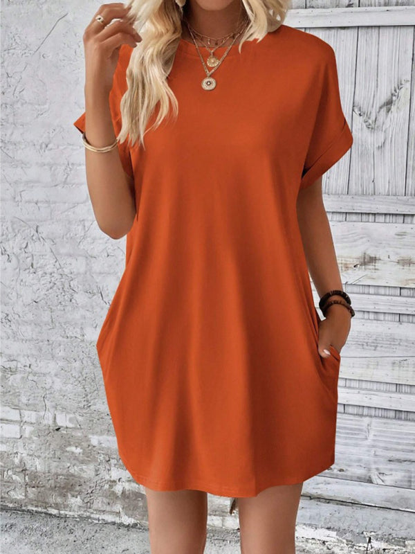 Aspen - Women's Loose Fit Pocket Dress with Round Neck and Short Sleeves