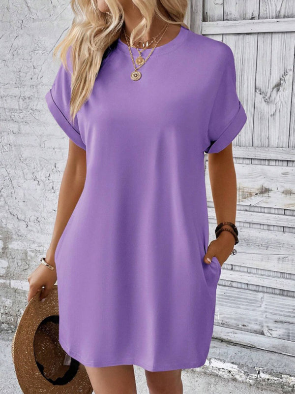 Aspen - Women's Loose Fit Pocket Dress with Round Neck and Short Sleeves