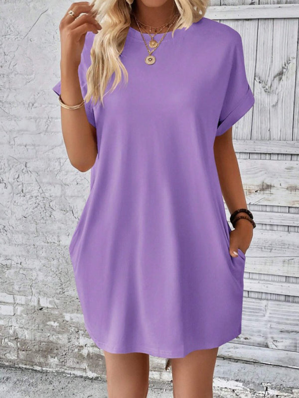 Aspen - Women's Loose Fit Pocket Dress with Round Neck and Short Sleeves