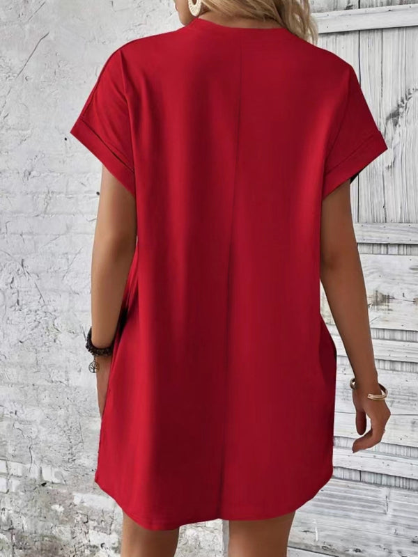 Aspen - Women's Loose Fit Pocket Dress with Round Neck and Short Sleeves