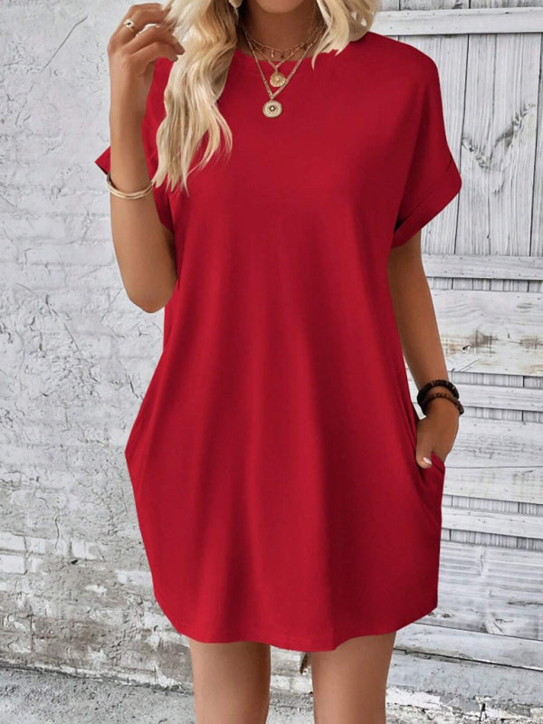 Aspen - Women's Loose Fit Pocket Dress with Round Neck and Short Sleeves