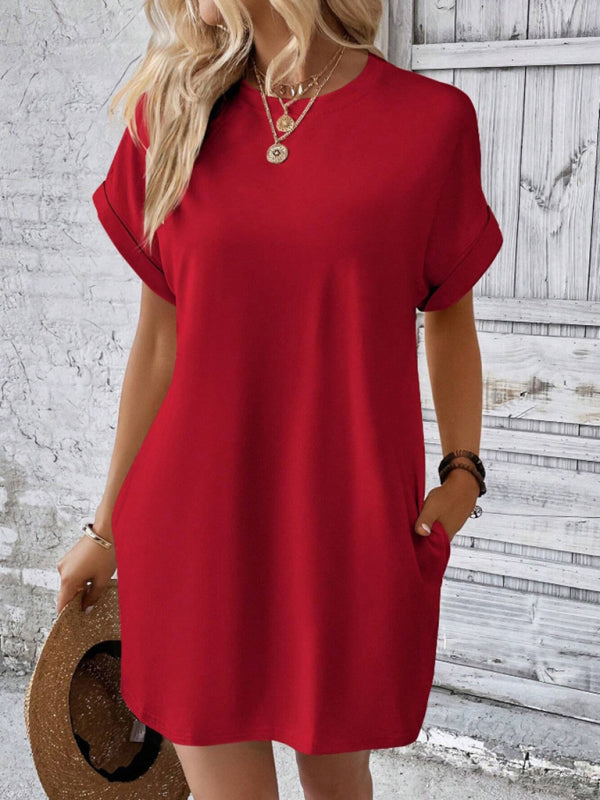 Aspen - Women's Loose Fit Pocket Dress with Round Neck and Short Sleeves