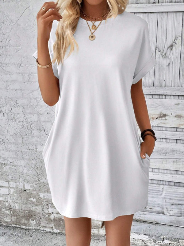Aspen - Women's Loose Fit Pocket Dress with Round Neck and Short Sleeves