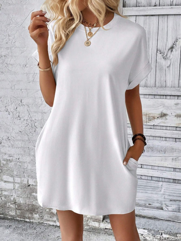 Aspen - Women's Loose Fit Pocket Dress with Round Neck and Short Sleeves