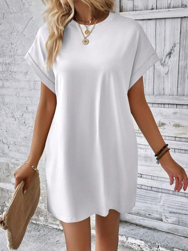 Aspen - Women's Loose Fit Pocket Dress with Round Neck and Short Sleeves