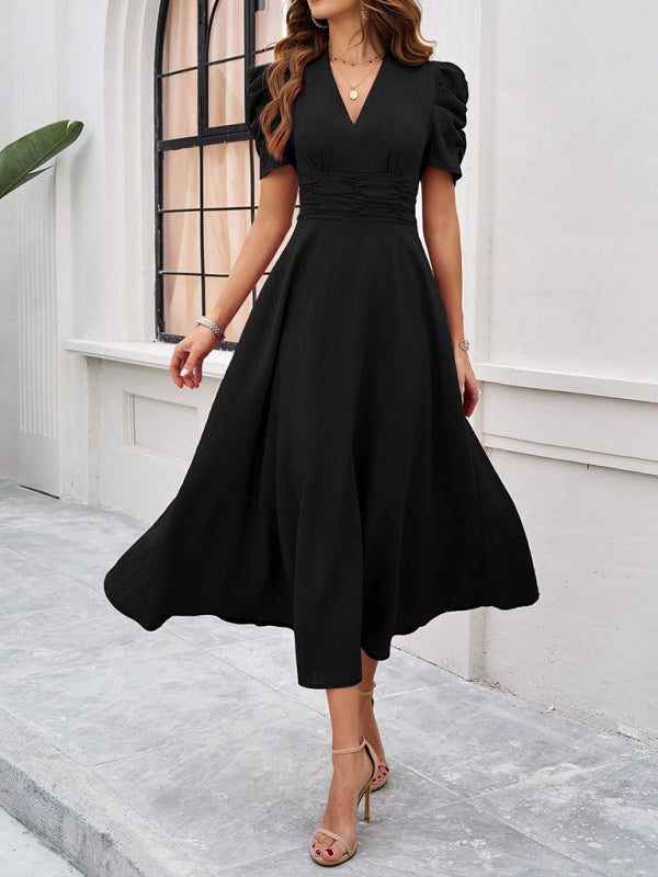 Cecily - Women's V-Neck Midi Dress with Puff Sleeves and Ruched Waist
