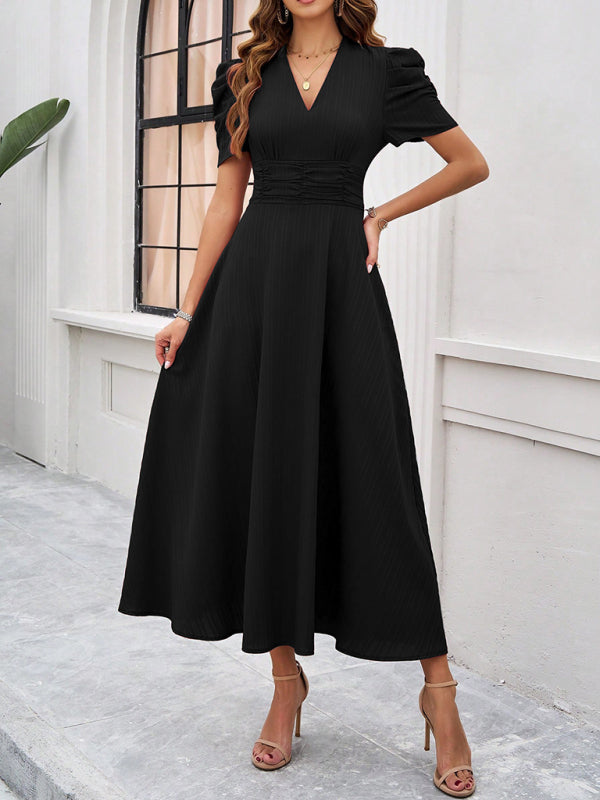 Cecily - Women's V-Neck Midi Dress with Puff Sleeves and Ruched Waist