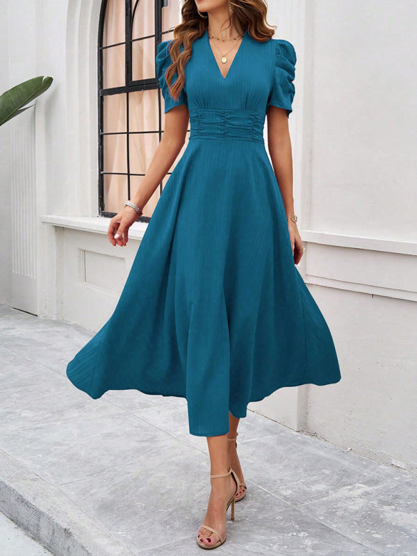 Cecily - Women's V-Neck Midi Dress with Puff Sleeves and Ruched Waist