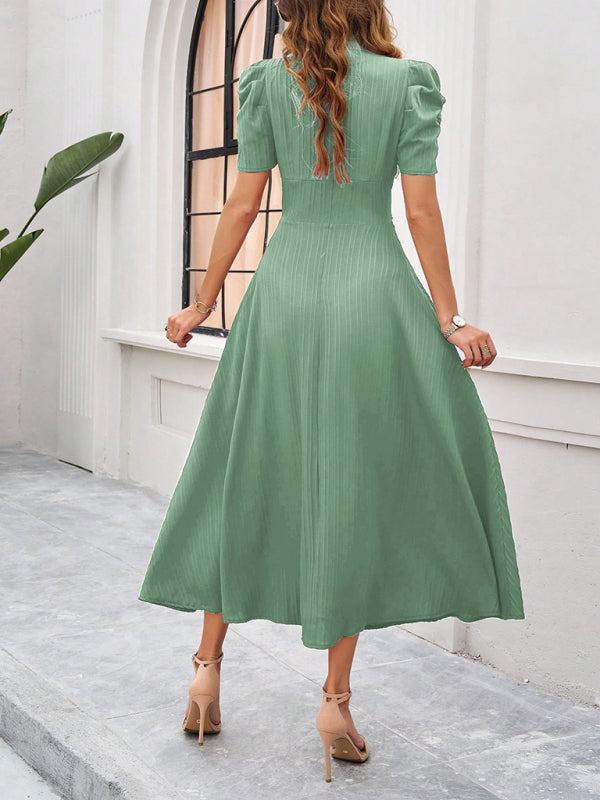 Cecily - Women's V-Neck Midi Dress with Puff Sleeves and Ruched Waist