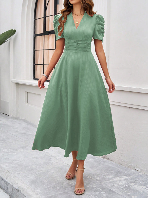 Cecily - Women's V-Neck Midi Dress with Puff Sleeves and Ruched Waist