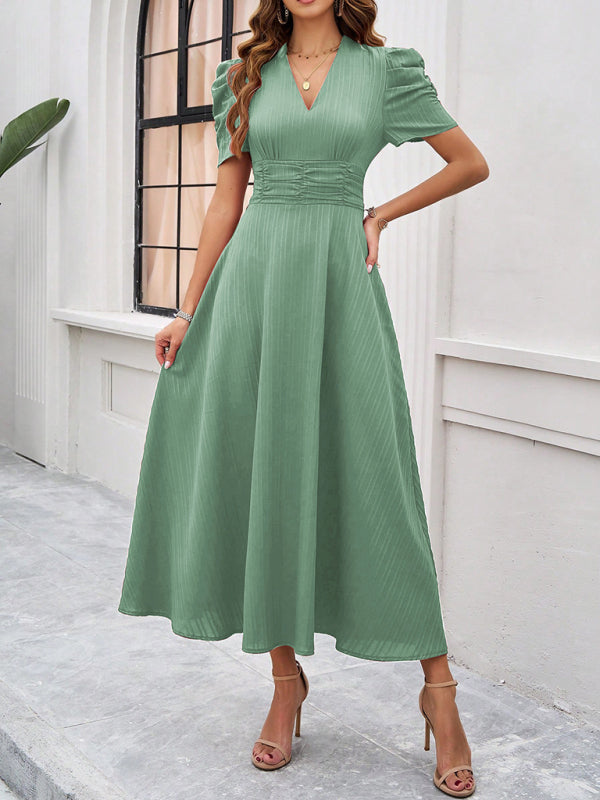 Cecily - Women's V-Neck Midi Dress with Puff Sleeves and Ruched Waist