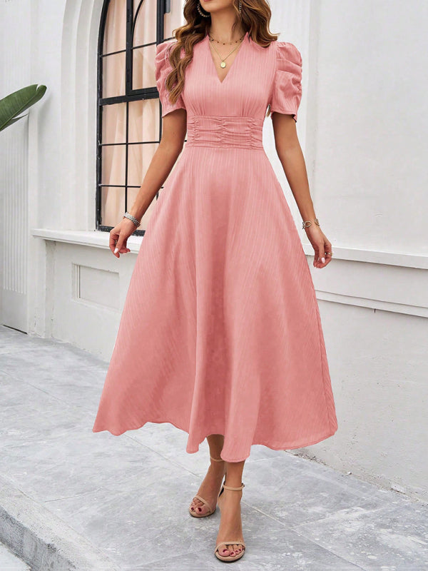 Cecily - Women's V-Neck Midi Dress with Puff Sleeves and Ruched Waist