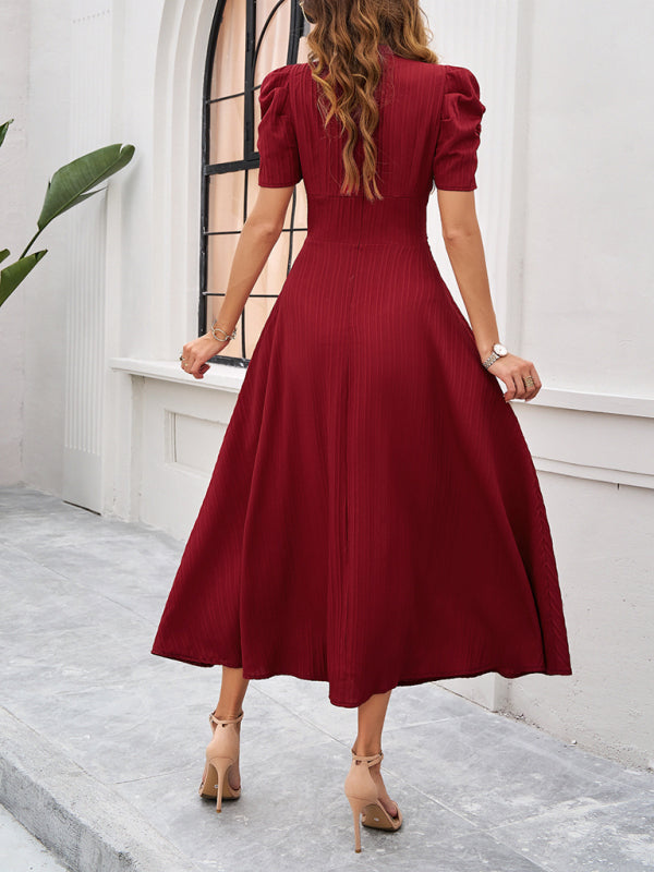 Cecily - Women's V-Neck Midi Dress with Puff Sleeves and Ruched Waist