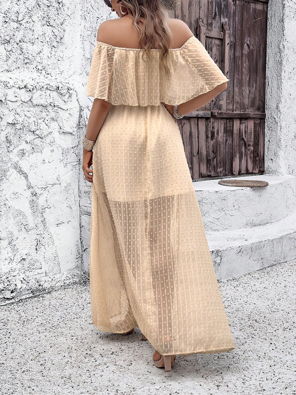 Mia - Women's Off-Shoulder Maxi Dress with Polka Dot Print and High Slit