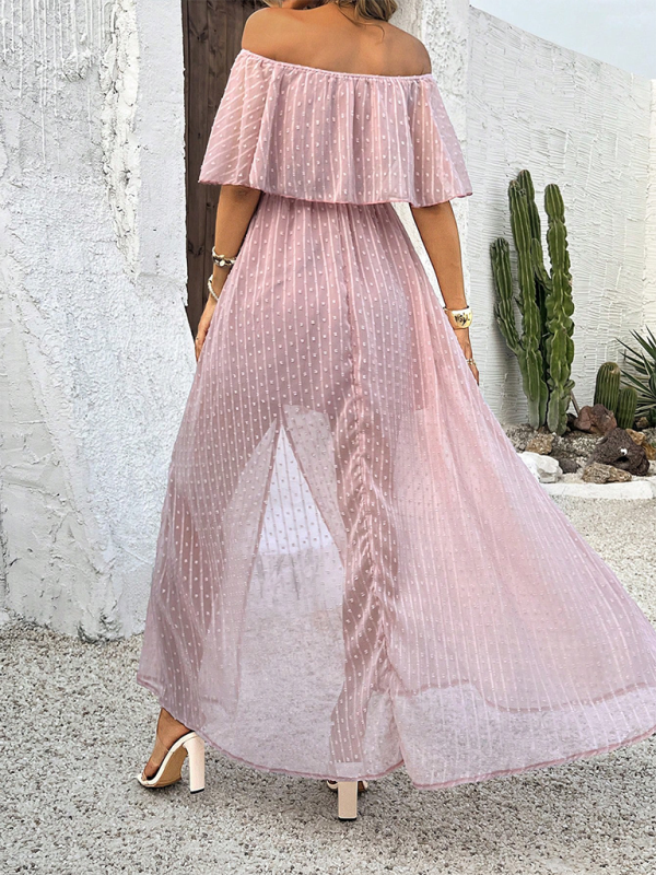 Mia - Women's Off-Shoulder Maxi Dress with Polka Dot Print and High Slit