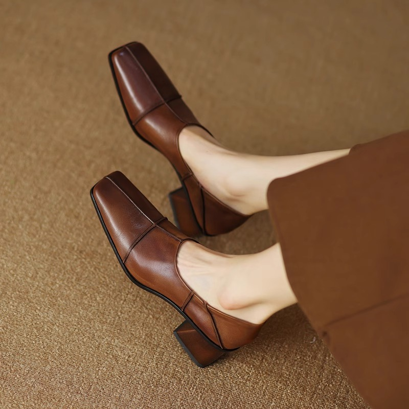 Rhoswen - Women's Leather Slingback Heels with Block Heel