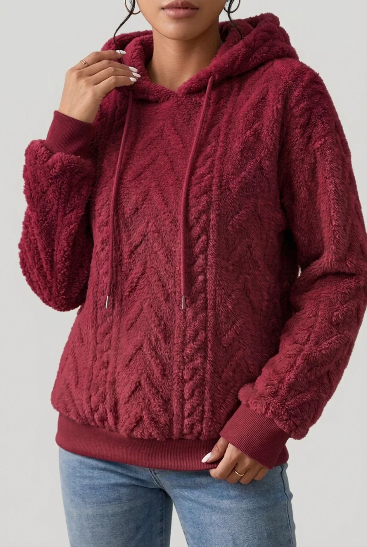 Friedel - Women's Cable Knit Hoodie with Drawstring – Burgund